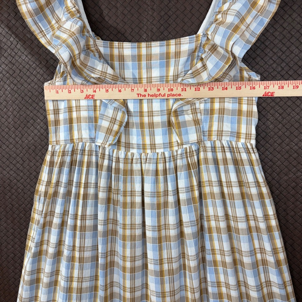 Madewell Plaid Ruffle Strap Smocked Midi Dress Blue Brown NF904 Size 10 - Picture 5 of 14